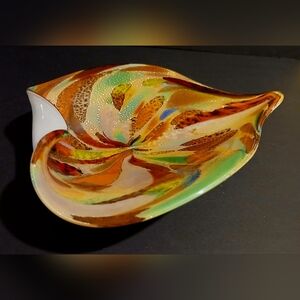 Vintage Colorful Murano Glass Abstract Leaf-Shaped Bowl